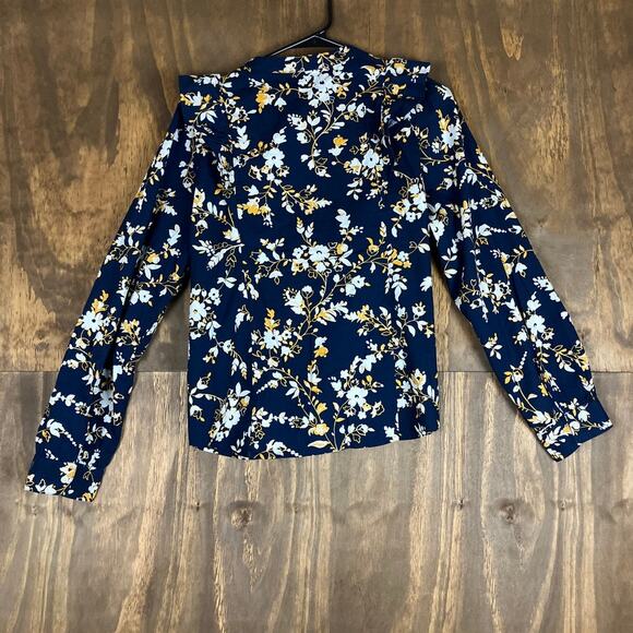 J Crew Womens Blouse Blue Multicolored Floral Ruffle Button Down Long Sleeve M - Picture 10 of 12